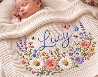 Personalized Knit Wildflower Baby Blanket with Name, Custom Embroidered Wildflower Garden Keepsake Newborn, Baby Girl Gift, Toddler Blanket