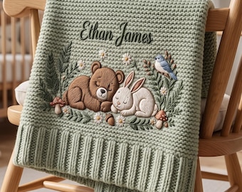 Personalized Knit Sleeping Bear Baby Blanket Name, Custom Embroidered Woodland Baby Shower Gift, Welcome Baby Blanket, Keepsake Newborn