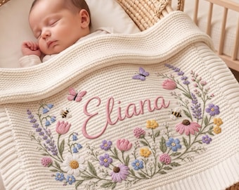 Personalized Knit Floral Baby Blanket Name, Custom Embroidered Wildflower Garden Keepsake Newborn, Gift for Baby Girl, Swaddle Blanket