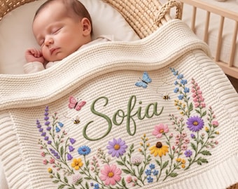 Personalized Knit Wildflower Baby Blanket Name, Custom Embroidered Flower Garden Swaddle, Gift for Baby Girl, Welcome Baby Blanket
