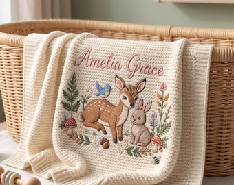 Personalized Woodland Deer Baby Blanket Name, Custom Embroidered Forest Friends Baby Shower Gift, Welcome Baby Blanket, Keepsake Newborn