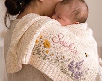 Personalized Knit Floral Baby Blanket Name, Custom Embroidered Wildflower Garden Baby Shower Gift, Welcome Baby Blanket, Keepsake Newborn