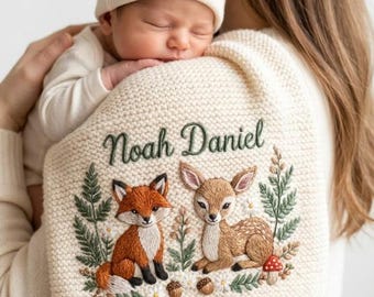 Personalized Knit Woodland Fox Baby Blanket Name, Custom Embroidered Deer Baby Shower Gift, Welcome Baby Blanket, Keepsake Newborn