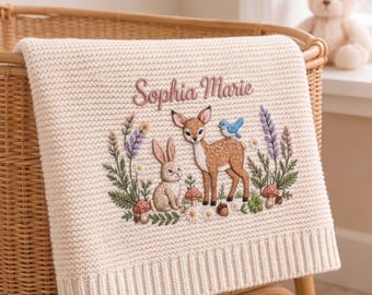 Personalized Knit Woodland Baby Blanket Name, Custom Embroidered Bunny Deer Baby Shower Gift, Welcome Baby Blanket, Keepsake Newborn