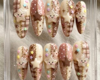 STARRY QUILT PATCHWORK | 3D Hand-Painted Press On Nails | Kawaii Brown & Cream Cottagecore Set