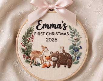 Personalized Forest Animal Wreath Ornament, Embroidered Baby First Christmas Name Hoop, Baby 1st Christmas Ornament, Baby Shower Gift