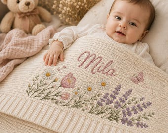 Personalized Knit Wildflower Baby Blanket Name, Custom Embroidered Floral Butterfly Baby Shower Gift, Welcome Baby Blanket, Keepsake Newborn