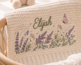 Personalized Knit Floral  Baby Blanket Name, Custom Embroidered Lavender Bee Baby Shower Gift, Welcome Baby Blanket, Keepsake Newborn