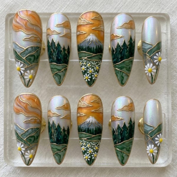 Hand-Painted Press On Nails – Mountain Sunset, Daisy Forest Art