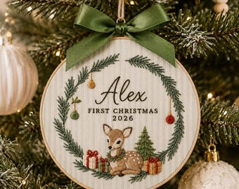 Personalized Bunny Cottage Ornament, Embroidered Bunny Baby First Christmas Name Hoop, Baby 1st Christmas Ornament, Baby Shower Gift