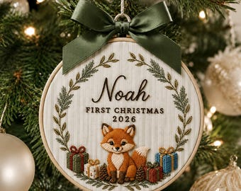 Personalized Woodland Fox Wreath Ornament, Embroidered Fox Baby First Christmas Name Hoop, Baby 1st Christmas Ornament, Baby Shower Gift