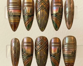 Art Deco Wheat Press On Nails | Bronze Geometric Stained Glass Style