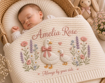 Personalized Knit Vintage Goose Baby Blanket Name, Custom Embroidered  Floral Baby Shower Gift, Gift for Baby Girl, Welcome Baby Blanket