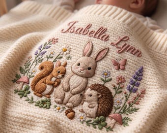 Personalized Knit Woodland Bunny Baby Blanket Name, Custom Embroidered Floral Bunny Baby Shower Gift, Welcome Baby Blanket, Keepsake Newborn
