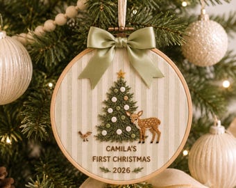 Personalized Baby Deer Christmas Ornament, Embroidered Deer Baby First Christmas Name Hoop, Baby 1st Christmas Ornament, Baby Shower Gift