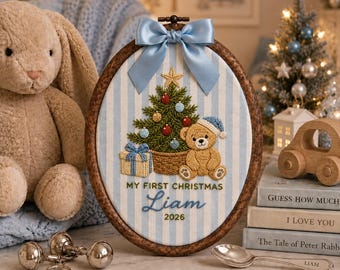 Personalized Bear Christmas Tree Oval Ornament, Embroidered Baby First Christmas Name Hoop, Tree Hanging Decor, Baby Announcement Sign