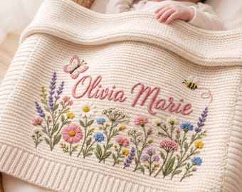 Personalized Knit Floral Baby Blanket with Name, Custom Embroidered Daisy Garden Baby Shower Gift, Welcome Baby Blanket, Keepsake Newborn