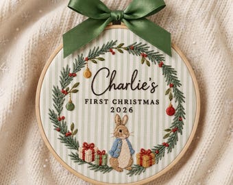 Personalized Bunny Wreath Christmas Ornament, Embroidered Baby First Christmas Name Hoop, Baby 1st Christmas Ornament, Baby Shower Gift