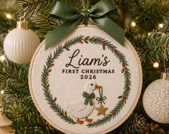 Personalized Goose Star Ornament, Embroidered Wreath Goose Baby First Christmas Name Hoop, Baby 1st Christmas Ornament, Baby Shower Gift
