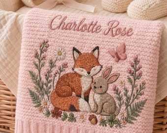Personalized Knit Woodland Fox Baby Blanket Name, Custom Embroidered Forest Friends Baby Shower Gift, Welcome Baby Blanket, Keepsake Newborn