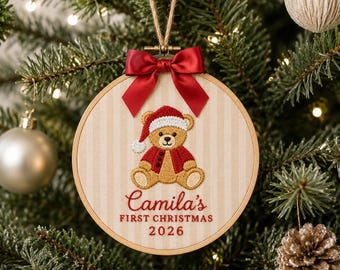 Personalized Santa Bear Ornament, Embroidered Santa Bear Baby First Christmas Name Hoop, Baby 1st Christmas Ornament, Baby Shower Gift