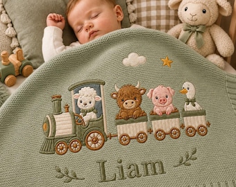 Personalized Knit Farm Train Baby Blanket Name, Custom Embroidered Farmyard Express Baby Shower Gift, Welcome Baby Blanket, Keepsake Newborn