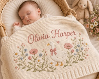 Personalized Knit Vintage Goose Baby Blanket Name, Custom Embroidered  Floral Baby Shower Gift, Gift for Baby Girl, Welcome Baby Blanket