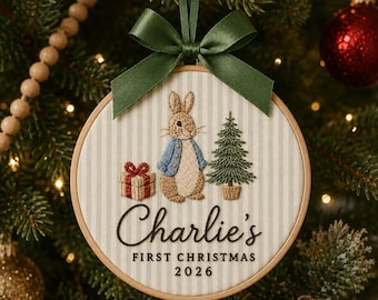Personalized Vintage Bunny Ornament, Embroidered Bunny Baby First Christmas Name Hoop, Baby 1st Christmas Ornament, Baby Shower Gift