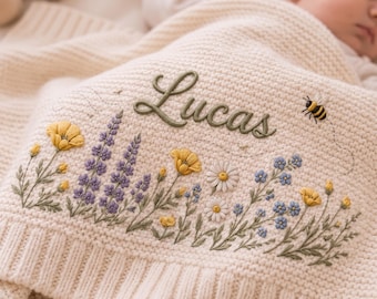 Personalized Knit Wildflower Baby Blanket Name,  Custom Embroidered Bumblebee Baby Shower Gift, Welcome Baby Blanket, Keepsake Newborn