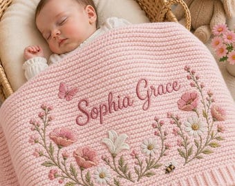 Personalized Wildflower Baby Blanket Name, Custom Embroidered Floral Butterfly Baby Shower Gift, Gift for Baby Girl, Welcome Baby Blanket