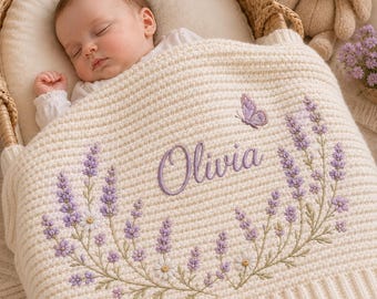 Manta floral personalizada para bebé con nombre personalizado, tejida en lavanda, regalo para recién nacido, regalo para baby shower, manta de bienvenida para bebé, recuerdo para recién nacido