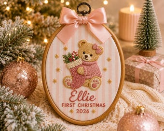 Personalized Bear Oval Christmas Ornament, Embroidered Baby Girl First Christmas Name Hoop, Baby 1st Christmas Gift, Baby Showet Gift