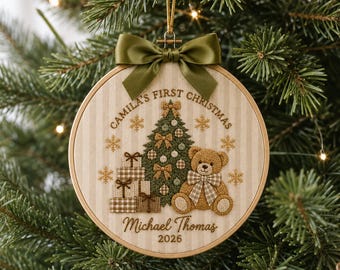 Personalized Christmas Teddy Bear Ornament, Embroidered Bear Baby First Christmas Name Hoop, Baby 1st Christmas Ornament, Baby Shower Gift