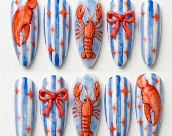 THE LOBSTER CLAW: Hand-Painted 3D Bow Press On Nails | Nautical Summer Watercolor Collection