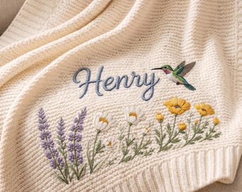 Personalized Knit Wildflower Baby Blanket Name, Custom Embroidered Hummingbird Baby Shower Gift, Welcome Baby Blanket, Keepsake Newborn