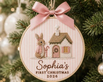 Personalized Bunny Cottage Ornament, Embroidered Bunny Baby First Christmas Name Hoop, Baby 1st Christmas Ornament, Baby Shower Gift