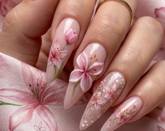 3D Pink Spring Lily Press On Nails | Hand-Painted Floral Coquette Nail Art