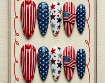 3D Americana Star-Spangled Patriotic Press On Nails | Red White & Blue Star Nail Art
