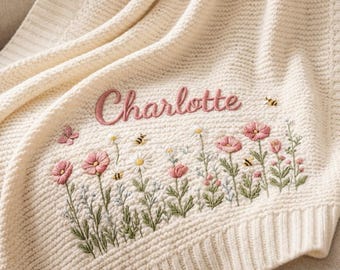 Personalized Knit Pink Wildflower Baby Blanket with Name, Custom Embroidered Wildflower Garden Baby Shower Gift, Welcome Baby Blanket