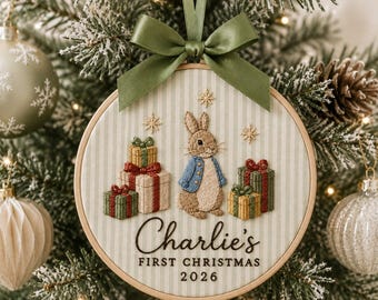 Personalized Bunny Christmas Ornament, Embroidered Bunny Baby First Christmas Name Hoop, Baby 1st Christmas Ornament, Baby Shower Gift