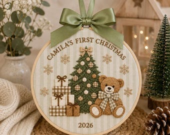 Personalized Bear Christmas Ornament, Embroidered Baby First Christmas Name Hoop, New BabyOrnament, Baby Announcement Sign, Baby Shower Gift