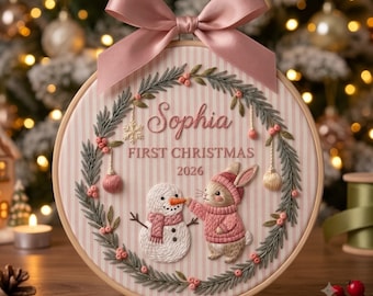 Personalized Pink Bunny Wreath Ornament, Embroidered Snowman Baby First Christmas Name Hoop, Baby 1st Christmas Ornament, Baby Shower Gift