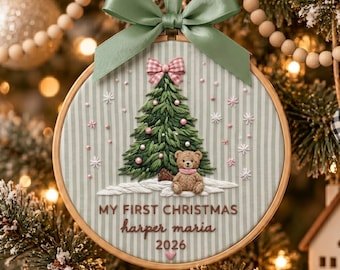 Personalized Teddy Bear Tree Ornament, Embroidered Bear Baby First Christmas Name Hoop, Baby 1st Christmas Ornament, Baby Shower Gift