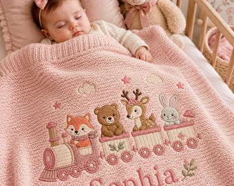 Personalized Knit Woodland Train Baby Blanket Name, Custom Embroidered Animal Train Baby Shower Gift, Welcome Baby Blanket, Keepsake Newborn
