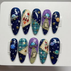 Press On Nails | Pixel Cat UFO, Rocket Ship, Patchwork Galaxy Art