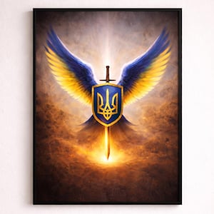 Puede incluir: Obra de arte enmarcada que presenta un ángel estilizado con alas azules y amarillas, sosteniendo una espada y un escudo. El escudo muestra un emblema dorado sobre un fondo azul. La obra está ambientada sobre un fondo cálido y brillante.
