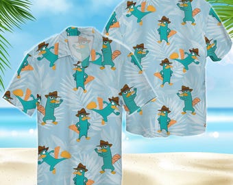 Perry the Platypus in Phineas and Ferb Summer Hawaiian Shirt, Disney Summer Beach Shirt, Holiday Shirt Matching Family Vacation Gifts