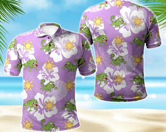 Disney Pascal verheddert sich tropischer Sommer 3D Polo-T-Shirt, Disney Sommer-Strand-Shirt, Aufenthalt goldenes Ferien-Polo-Shirt, Familienurlaubsgeschenke