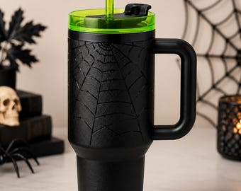 Halloween Spider Web Tumbler: Black Neon Green Insulated Travel Mug With Handle (Includes Straw)