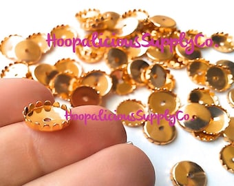 6 pcs- 11mm Round Crown Edge Gold Pronged Setting- Open Hole Back- For Flat Back Cabochons or Jewels-  FAST SHIPPING from USA with Tracking